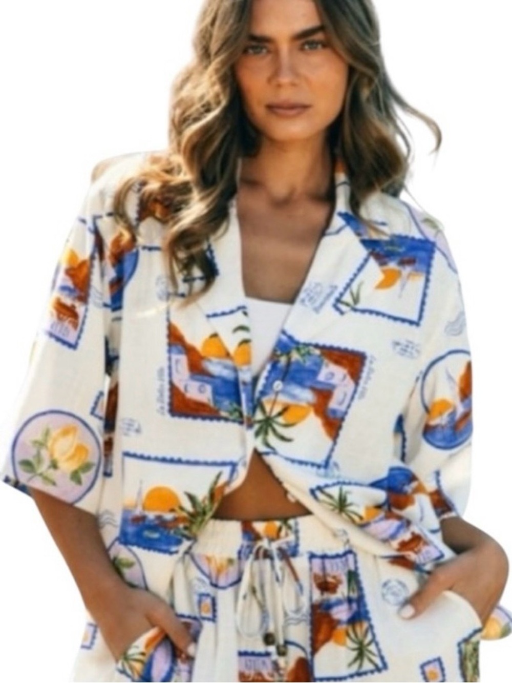 Paper Heart Linen Blend Resort Postcard Vacation Shirt